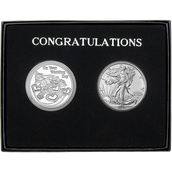 Congratulations Wedding Day Silver Medallion and Silver American Eagle 2pc Gift Set