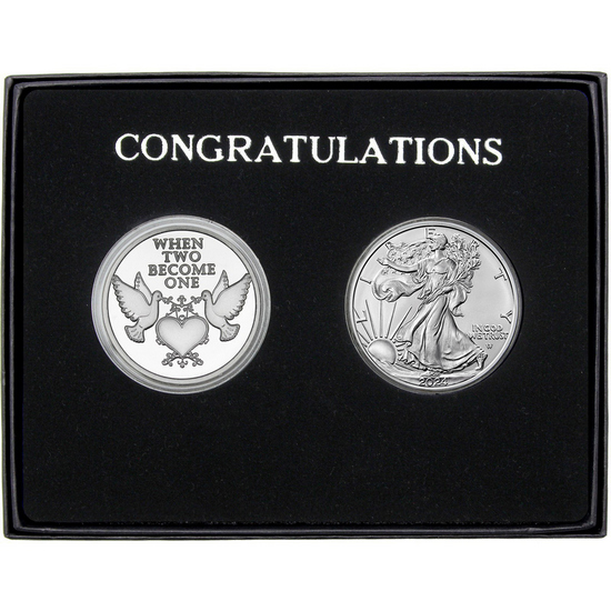 Wedding Doves Silver Medallion and Silver American Eagle 2pc Gift Set