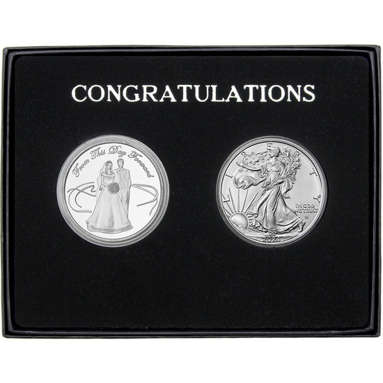 Wedding Couple Silver Medallion and Silver American Eagle 2pc Gift Set
