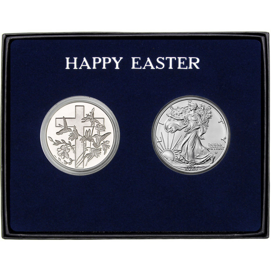 Happy Easter Religious Cross Silver Medallion and Silver American Eagle 2pc Gift Set