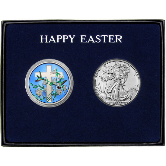 Happy Easter Religious Cross Enameled Silver Medallion and Silver American Eagle 2pc Gift Set