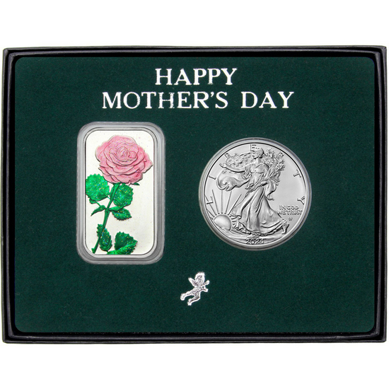 Happy Mother's Day Enameled Pink Rose Silver Bar and Silver American Eagle 2pc Gift Set