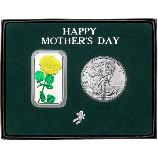 Happy Mother's Day Enameled Yellow Rose Silver Bar and Silver American Eagle 2pc Gift Set