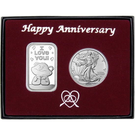 Happy Anniversary I Love You Bear Silver Bar and Silver American Eagle 2pc Gift Set
