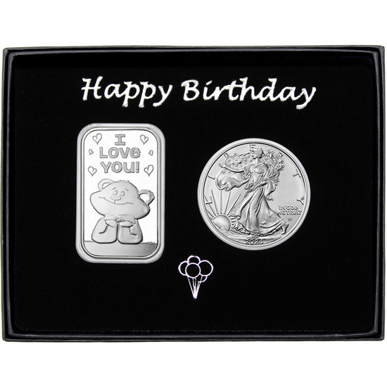 Happy Birthday I Love You Bear Silver Bar and Silver American Eagle 2pc Gift Set