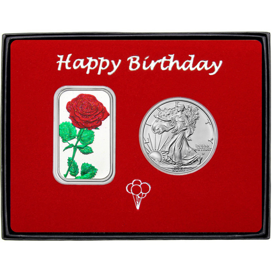 Happy Birthday Red Rose Enameled Silver Bar and Silver American Eagle 2pc Gift Set