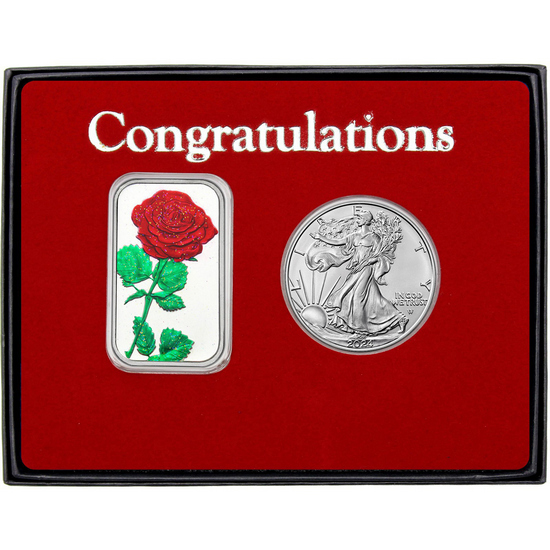 Congratulations Enameled Red Rose Silver Bar and Silver American Eagle 2pc Gift Set