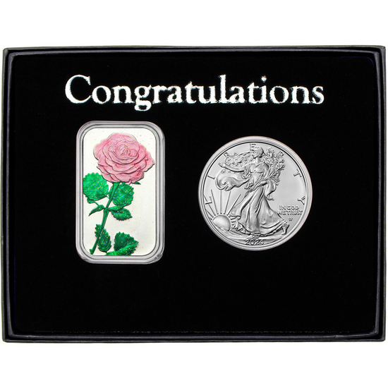 Congratulations Enameled Pink Rose Silver Bar and Silver American Eagle 2pc Gift Set