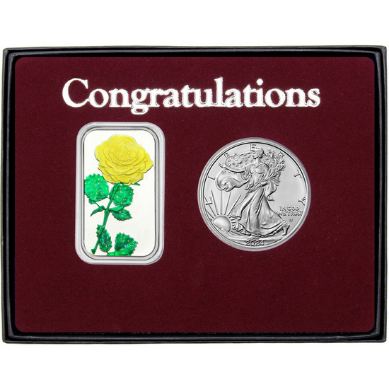 Congratulations Enameled Yellow Rose Silver Bar and Silver American Eagle 2pc Gift Set