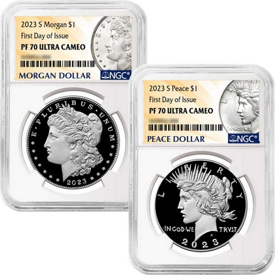 2023 S Morgan and Peace Silver Dollar Set PF70 FDI NGC Morgan Peace Dollar Label