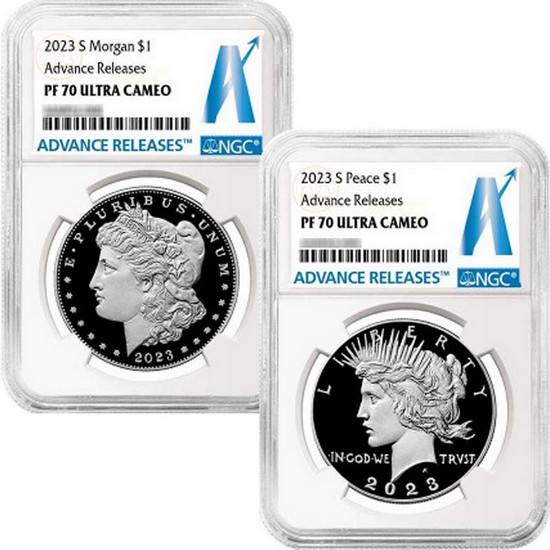 2023 S Morgan and Peace Silver Dollar Set PF70 Advance Releases NGC AR Label