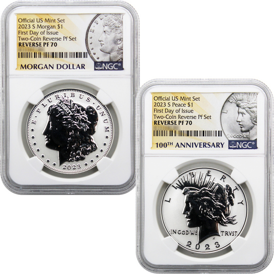 2023 S Morgan and Peace Silver Dollar Set Reverse PF70 FDI NGC Morgan Peace Dollar Label