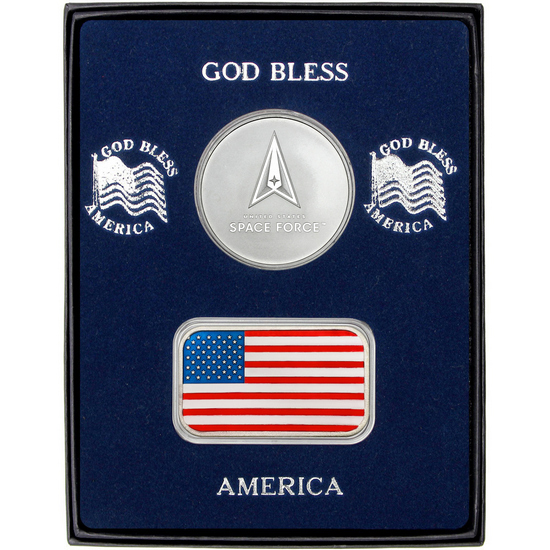 Enameled American Flag Silver Bar and US Space Force Silver Medallion 2pc Gift Set