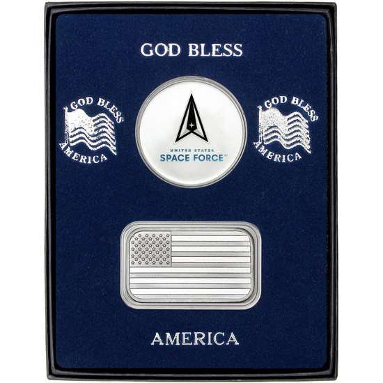 American Flag Silver Bar and Enameled US Space Force Silver Medallion 2pc Gift Set