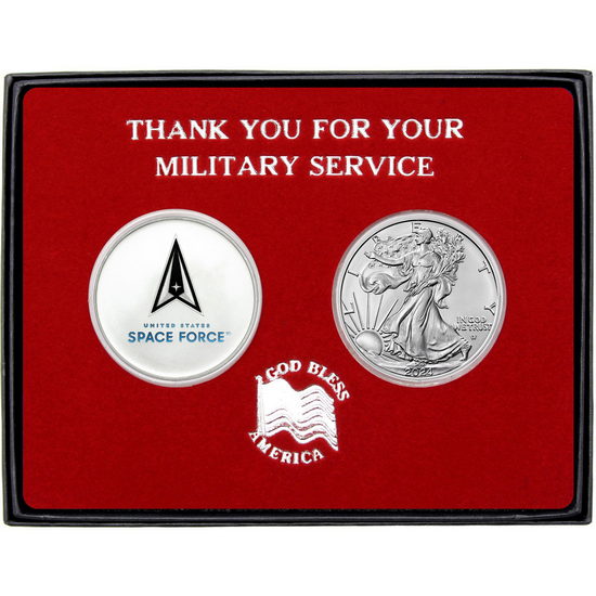 Military Service Enameled US Space Force Medallion and Silver American Eagle 2pc Gift Set