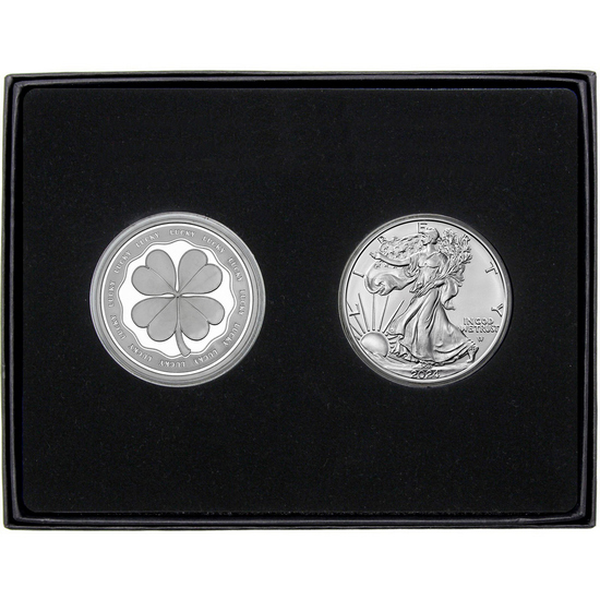 Lucky Four Leaf Clover Silver Medallion and Silver American Eagle 2pc Gift Set