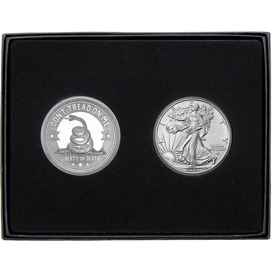 Don't Tread on Me Silver Medallion and Silver American Eagle 2pc Gift Set