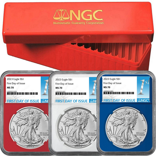 2023 Silver American Eagle MS70 FDI NGC 1st Label Red, White & Blue Core 3pc Set in Red NGC Box