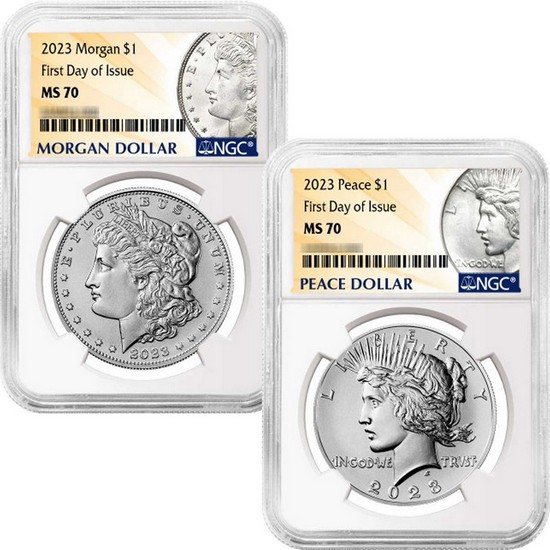 2023 Morgan and Peace Silver Dollar Set MS70 FDI NGC Morgan Peace Dollar Label