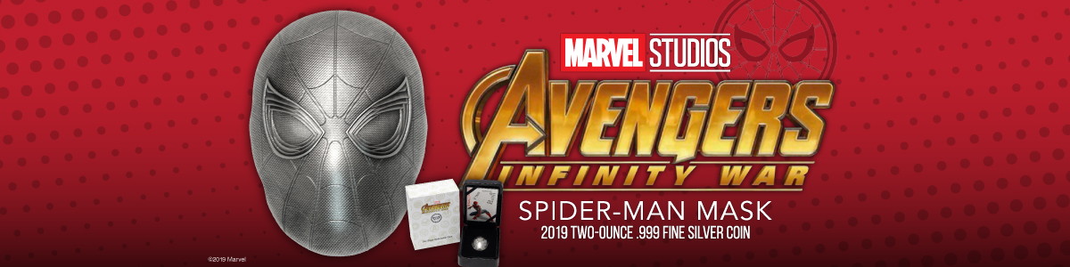 MARVEL'S Avengers Infinity War Spider-Man Mask 2 Ounce Silver Coins MARVEL'S Avengers Infinity War Spider-Man Mask 2 Ounce Silver Coins