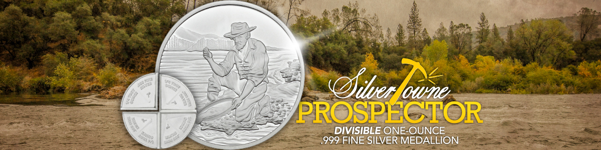 Divisible 1oz Silver Rounds Featuring SilverTowne Prospector Finding Gold Divisible 1oz Silver Rounds Featuring SilverTowne Prospector Finding Gold