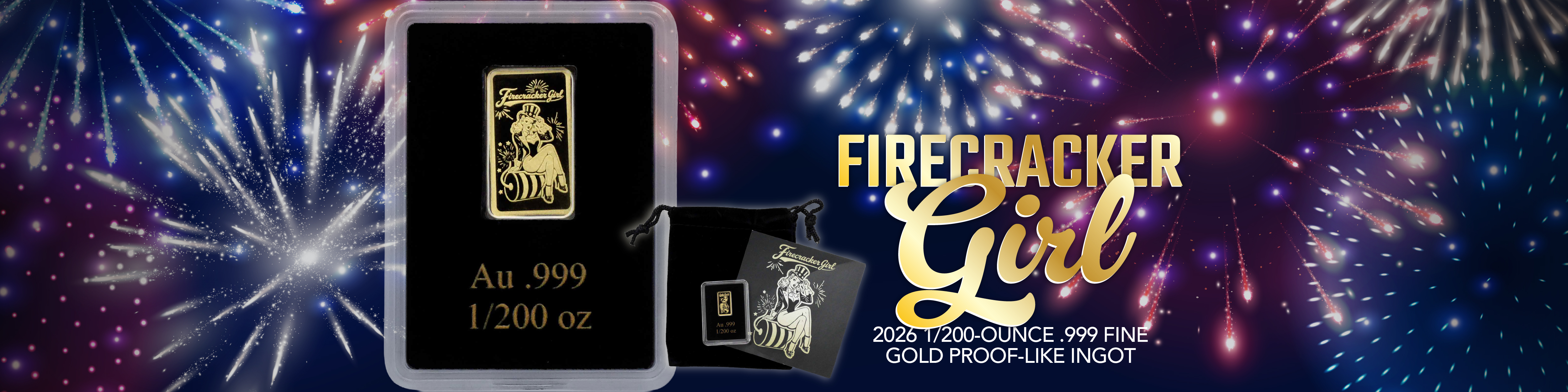 2026 $20 Proof Liberia 1/200th oz Gold Fourth of July Firecracker Girl Ingot in Velvet Pouch