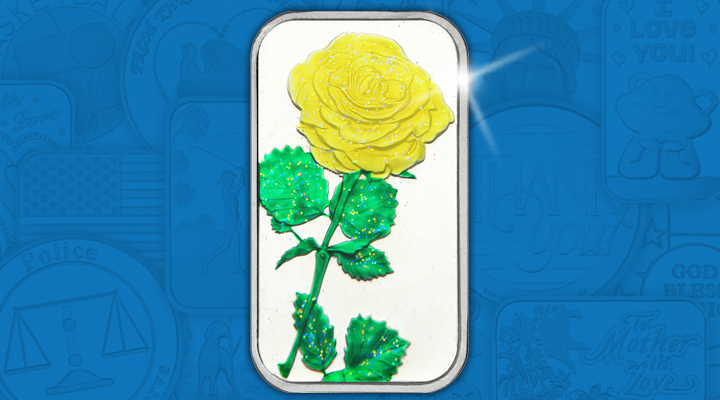 YellowRose Yellow Enameled Rose 1oz .999 Silver Bar - October Silver of the Month