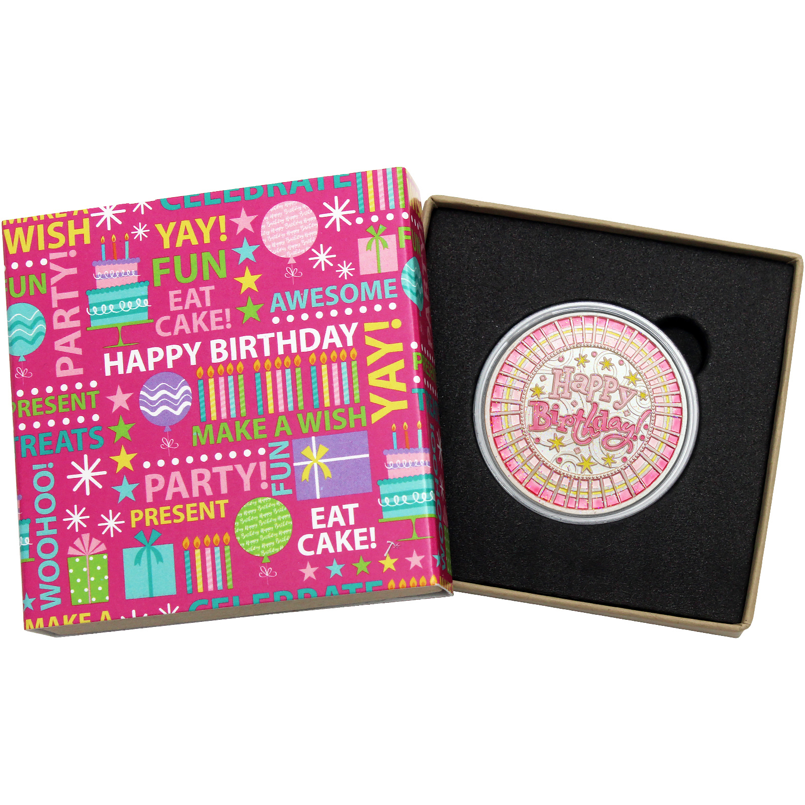 Enameled Pink Glitter Happy Birthday 1oz .999 Fine Silver Round in Gift Box - Picture 1 of 9