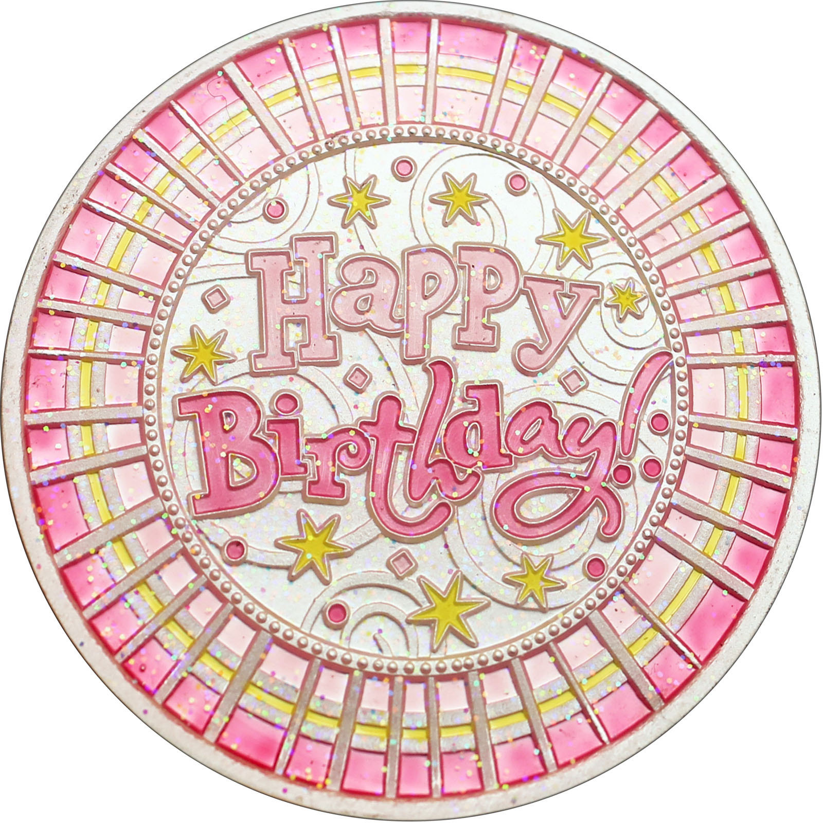 Enameled Pink Glitter Happy Birthday 1oz .999 Fine Silver Round in Gift Box - Picture 2 of 9