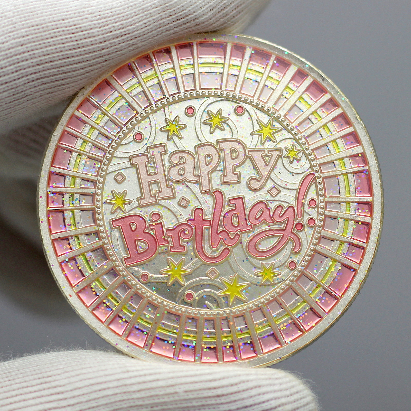 Enameled Pink Glitter Happy Birthday 1oz .999 Fine Silver Round in Gift Box - Picture 4 of 9