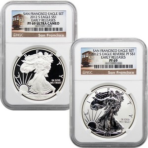 2012 S Silver American Eagle 2pc Proof Set PF69 ER NGC San Francisco Trolley Label 2012 S Silver American Eagle 2pc Proof Set PF69 ER NGC San Francisco Trolley Label