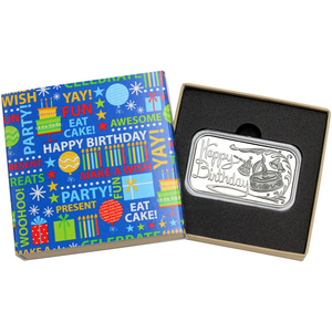 Happy Birthday Cake Celebration 1oz .999 Silver Bar Dated 2025 in Gift Box Happy Birthday Cake Celebration 1oz .999 Silver Bar Dated 2025 in Gift Box