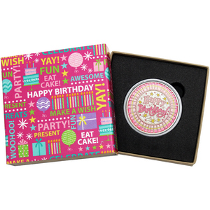Happy Birthday Stripes 1oz .999 Silver Medallion Pink Glitter Enameled Dated 2025 in Gift Box Happy Birthday Stripes 1oz .999 Silver Medallion Pink Glitter Enameled Dated 2025 in Gift Box