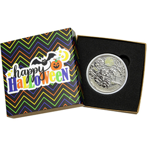 Happy Halloween Graveyard Mummy Glow-in-the-Dark 1oz .999 Silver Medallion Enameled in Gift Box Happy Halloween Graveyard Mummy Glow-in-the-Dark 1oz .999 Silver Medallion Enameled in Gift Box