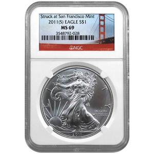 2011 S Silver American Eagle San Francisco Mint MS69 NGC Bridge Label 2011 S Silver American Eagle San Francisco Mint MS69 NGC Bridge Label