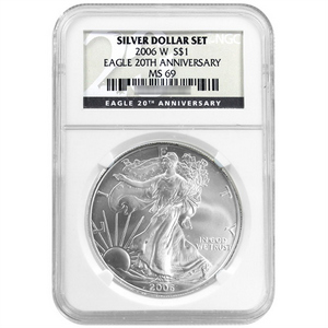 2006 W Silver American Eagle MS69 Burnished NGC 20th Anniversary Label 2006 W Silver American Eagle MS69 Burnished NGC 20th Anniversary Label