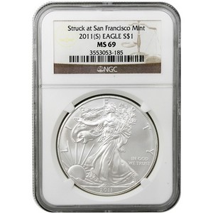2011 S Silver American Eagle Struck at San Francisco Mint MS69 NGC Brown Label 2011 S Silver American Eagle Struck at San Francisco Mint MS69 NGC Brown Label