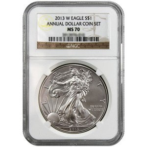 2013 W Silver American Eagle MS70 NGC Brown Annual Dollar Coin Set Label 2013 W Silver American Eagle MS70 NGC Brown Annual Dollar Coin Set Label