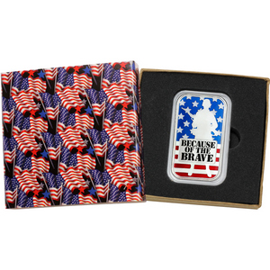 Because of the Brave - American Soldier 1oz .999 Silver Bar Enameled in Gift Box Because of the Brave - American Soldier 1oz .999 Silver Bar Enameled in Gift Box
