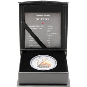 2025 Ghana Silver The Patron Saint Series: St. Peter Colorized 1oz Coin in OGP 2025 Ghana Silver The Patron Saint Series: St. Peter Colorized 1oz Coin in OGP