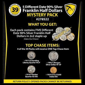 5 Different Date 90% Silver Franklin Half Dollars Mystery Pack #278522