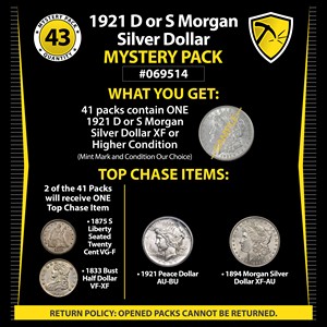 1921 D or S Morgan Silver Dollar Mystery Pack #069514 1921 D or S Morgan Silver Dollar Mystery Pack #069514