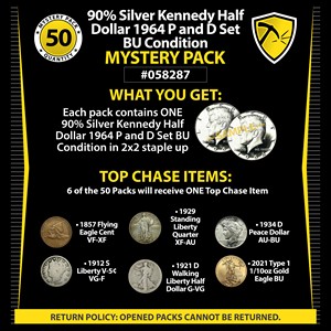 90% Silver Kennedy Half Dollar 1964 P and D Set BU Condition Mystery Pack #058287 90% Silver Kennedy Half Dollar 1964 P and D Set BU Condition Mystery Pack #058287