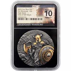 2023 Eric Bloodaxe 2oz Gilt UHR Antiqued Silver Coin NGCX MS10 Legendary Warriors Label 2023 Eric Bloodaxe 2oz Gilt UHR Antiqued Silver Coin NGCX MS10 Legendary Warriors Label