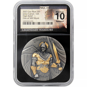 2023 Julius Caesar 2oz Gilt UHR Antiqued Silver Coin NGCX MS10 Legendary Warriors Label 2023 Julius Caesar 2oz Gilt UHR Antiqued Silver Coin NGCX MS10 Legendary Warriors Label