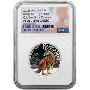 2023 P Australia Silver High Relief Colorized Kangaroo NGC PF70 UC ER Flag Label 2023 P Australia Silver High Relief Colorized Kangaroo NGC PF70 UC ER Flag Label