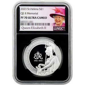 2023 St Helena Silver Queen's Memorial 1oz Coin PF70 UC NGC Black Core Queen Elizabeth II Label 2023 St Helena Silver Queen's Memorial 1oz Coin PF70 UC NGC Black Core Queen Elizabeth II Label