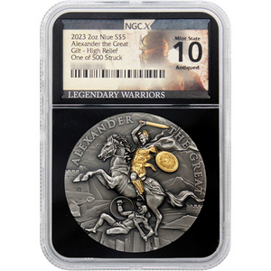2023 Alexander The Great 2oz Gilt UHR Antiqued Silver Coin NGCX MS10 Legendary Warriors Label 2023 Alexander The Great 2oz Gilt UHR Antiqued Silver Coin NGCX MS10 Legendary Warriors Label