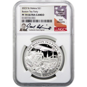 2023 St Helena Silver 250th Anniversary Boston Tea Party 1oz Coin PF70 UC NGC Joel Iskowitz Signed 2023 St Helena Silver 250th Anniversary Boston Tea Party 1oz Coin PF70 UC NGC Joel Iskowitz Signed