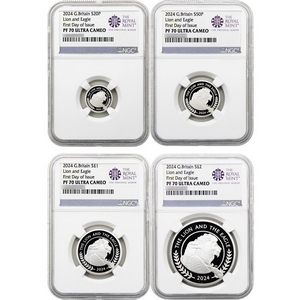 2024 Great Britain Silver The Lion and The Eagle Fractional 4 Coin Set PF70UC FDI NGC The Royal Mint Label 2024 Great Britain Silver The Lion and The Eagle Fractional 4 Coin Set PF70UC FDI NGC The Royal Mint Label